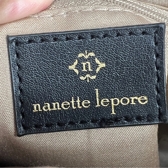 Nanette Lepore Gray Black Logo Print Zip Top Dome Satchel Crossbody Bag - Picture 3 of 13